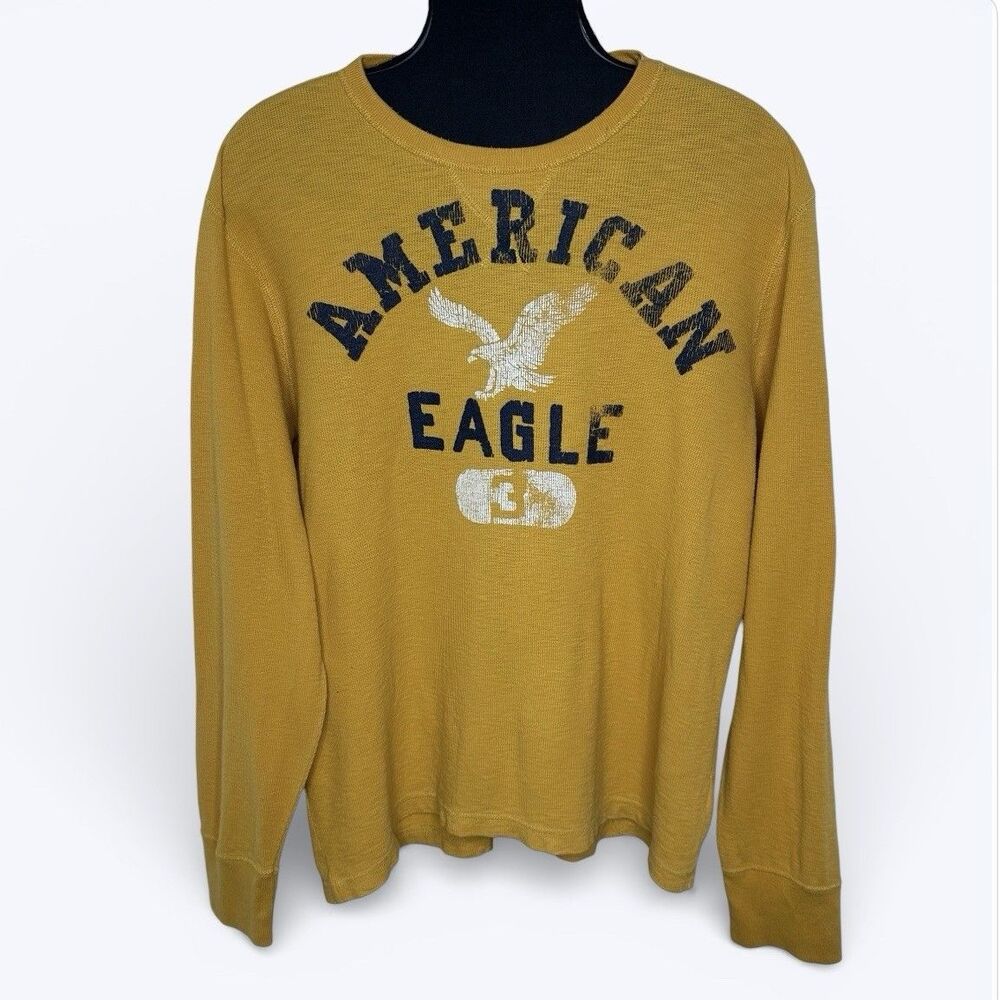 American Eagle Thermal Shirt Mens Sz XL‎ Mustard Y2K Preppy Skater Spellout Logo